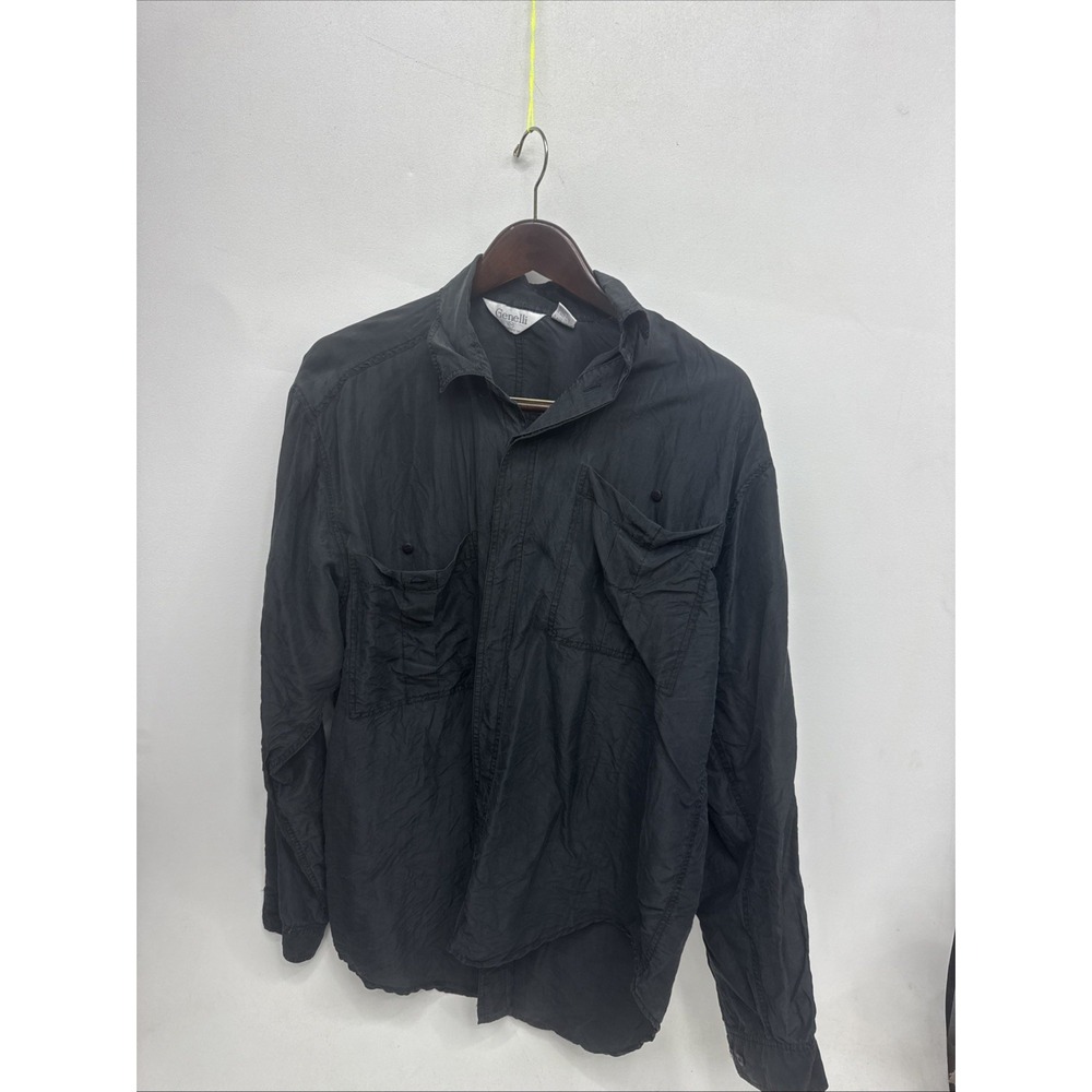 Genelli 100% Silk Long Sleeve Shirt medium Black Two Front Pockets